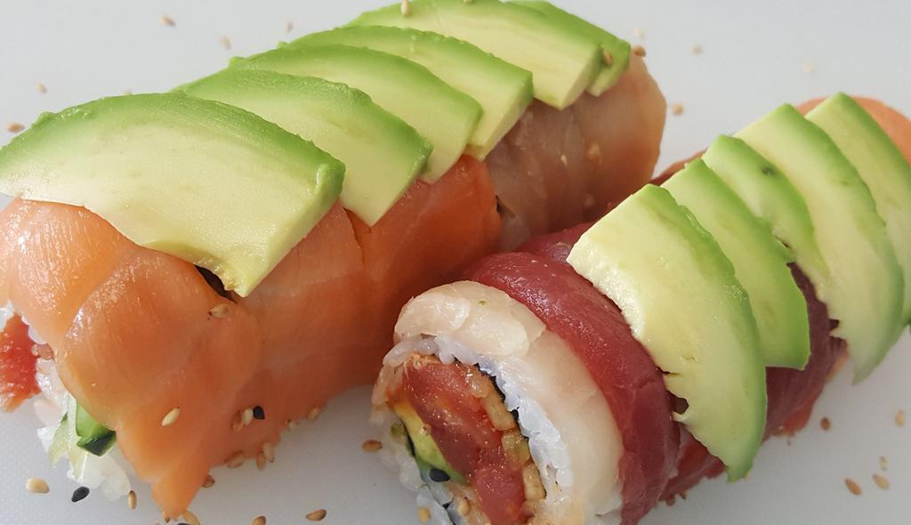 *Rainbow Roll Special · (Raw)
Spicy *tuna, *salmon, *yellow tail, avocado, cucumber topped with *tuna, *salmon,*yellow tail.
