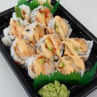 Spicy Shrimp Roll  · (Fully cooked)
 Spicy shrimp, avocado, cucumber, yum yum mayo