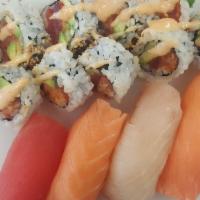 *Chef Special · (Raw)
Roll with spicy *tuna, *salmon, *yellow tail, & 4 pcs of Nigiri (*tuna, *salmon,*yello...