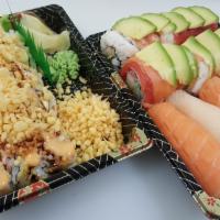 *Sushi Garden · (raw)
crunchy crab roll, rainbow roll, 4 pcs of nigiri *tuna, *salmon, *yellow tail
