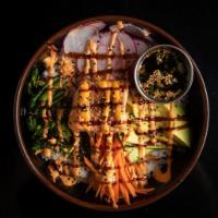 Seared Salmon Bowl · White rice, seared salmon, garlic broccoli, carrot, avocado, unagi sauce, spicy mayo