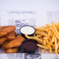 Chicken Strip Basket · Lightly breaded and golden fried. Served with BBQ, ranch & fries.