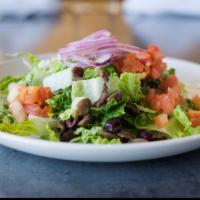 Mediterranean Salad Lunch · Crisp romaine lettuce, tomatoes, cucumber, red onions, feta cheese, and kalamata olives toss...