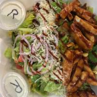 BBQ Chicken Salad Lunch · Grilled BBQ chicken breast, crisp romaine lettuce, corn, tomatoes, mozzarella cheese, red on...