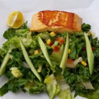 Salmon Salad · Grilled salmon filet over romaine lettuce with fresh tomatoes, cucumbers, corn, and red onio...