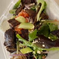 Gyro Salad Lunch · Lamb gyro, mixed greens, Kalamata olives, tomatoes, cucumbers, feta cheese, red onions and a...