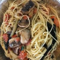 Pasta Barese · Sauteed eggplant, tomatoes, basil, mushrooms and garlic in a white wine reduction served ove...