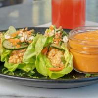 Thai Lettuce Cups · ground chicken, pickled cucumber,
carrot, toasted cashews, mint, cilantro
+ red curry coconu...