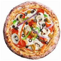 The Brick Pizza · Red sauce, mozzarella, Italian sausage, pepperoni, red onion, black olive, mushroom, bell pe...