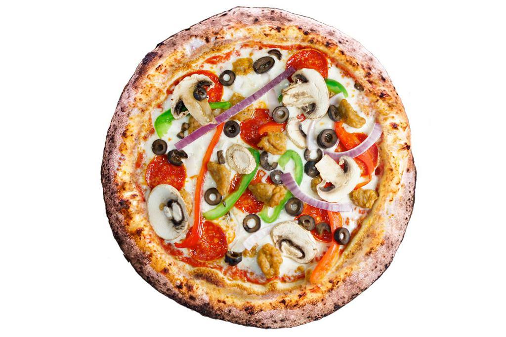 The Brick Pizza · Red sauce, mozzarella, Italian sausage, pepperoni, red onion, black olive, mushroom, bell pepper.