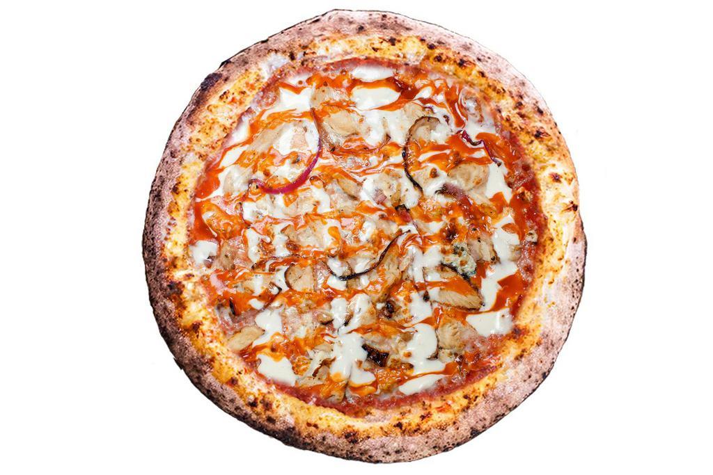 Fire Bird Pizza · Red sauce, mozzarella, gorgonzola, grilled chicken, caramelized onion. Drizzled with buffalo sauce and ranch.