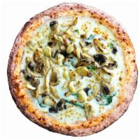 White Shroom Large Pizza · White sauce, fresh spinach, mozzarella cheese, mushrooms, chicken, roasted garlic.