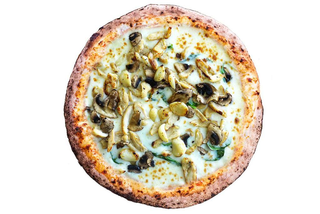 White Shroom Large Pizza Combo · White sauce, fresh spinach, mozzarella cheese, mushrooms, chicken, roasted garlic. With fountain drink.