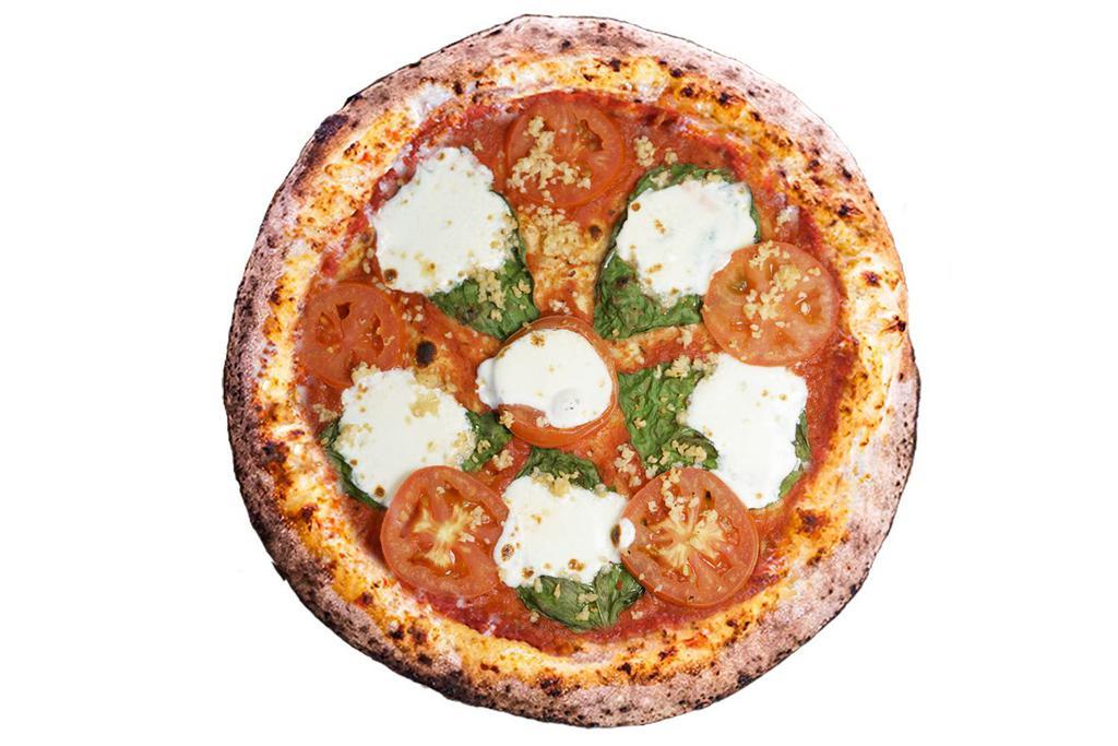 Queen Margherita Large Pizza Combo · Red sauce, fresh basil leaves, ovalini mozzarella, roma tomato, roasted garlic. With fountain drink.