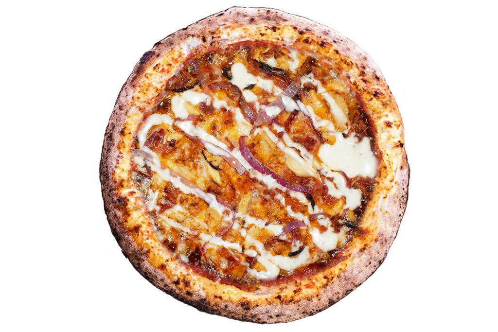 Smokin' Hot Large Pizza · BBQ base, mozzarella, cheddar, chicken, bacon, caramelized onion, drizzle. Drizzled with mikes honey hot and ranch.