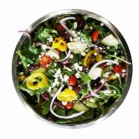 Greek Foundation Salad · Romaine lettuce, spring mix, cherry tomatoes, red onions, cucumbers, banana peppers, Kalamat...