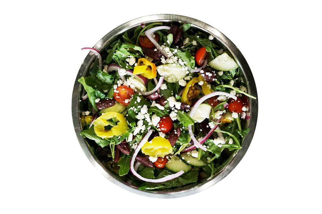 Greek  · Spring mix, romaine, banana pepper, red onion, cherry tomato, cucumber, Kalamata olive, feta.