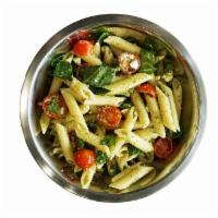 Pasta Verde Salad · Penne pasta, basil pesto, feta cheese, fresh spinach, and cherry tomatoes (served cold)