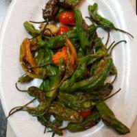 Long Horn Peppers · Sauteed shishito peppers, roasted garlic, and sea salt. 