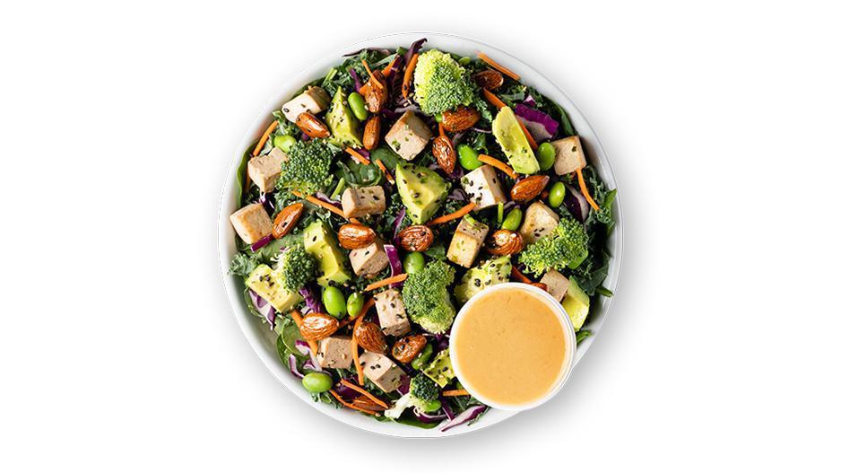 Tokyo Supergreens with  Sesame Tofu · Supergreens Blend, Organic Sesame Tofu, Miso Edamame Slaw, Hass Avocado, Shaved Broccoli, Chopped Almonds, Japanese Furikake Shake, Miso Ginger Vinaigrette (Homemade)