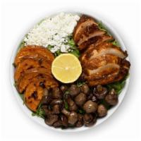 Warm Chicken + Goat Cheese Bowl · Braised Chicken Thigh, Satur Farms Arugula, Roasted Sweet Potatoes, Creamy Goat, Roasted Bal...