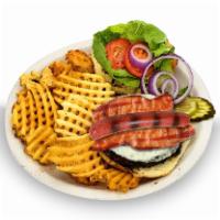 Piggyback Burger · Angus beef, American cheese, bacon, hot dog, lettuce, tomato, onion, on brioche bun.
