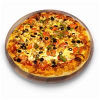 Vegetarian Pizza · Green peppers, white onions, mushrooms, roma tomatoes, sliced ripe olives.