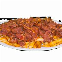 Large Chilli Cheese Fries with Pastrami · Chili Cheese Fries with Pastrami contains: Fries, Pastrami, Chili con carne, shredded cheese. 
