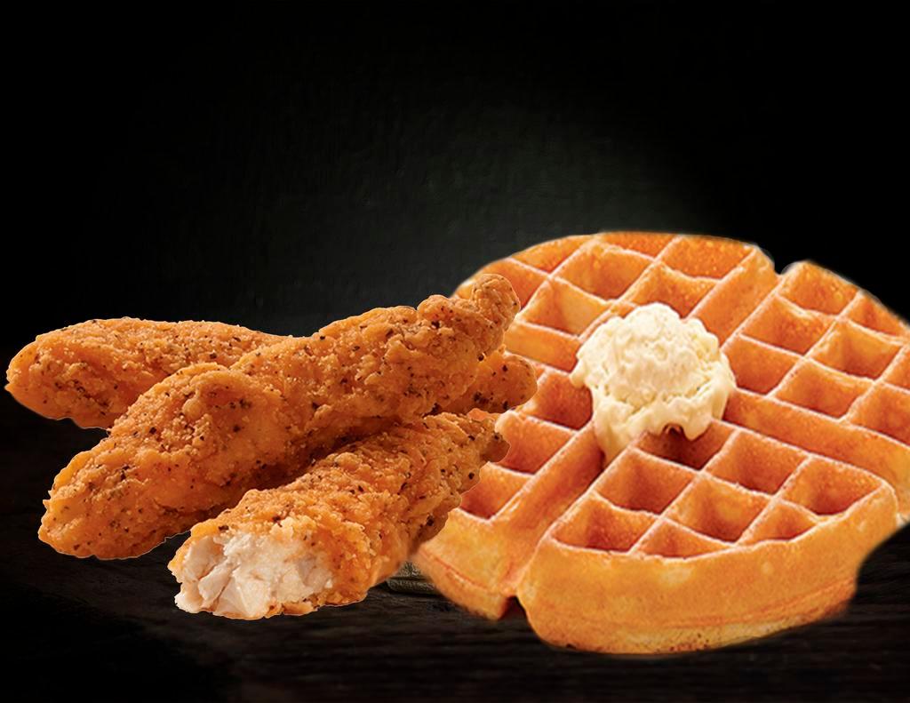 Chicken Strips & Waffle · 3 Chicken strips tender with a Belgian Waffle (7