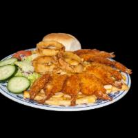 Jumbo Shrimp Dinner · Served with salad, fries and onion rings.