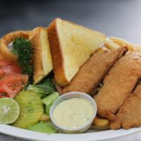 3 Pieces Fish Dinner · Served with salad, fries and onion rings.