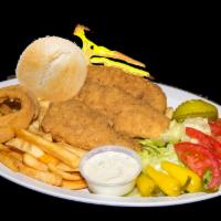 Chicken Strips Dinner · Served with salad, fries and onion rings.