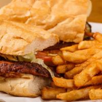 Sausage Po Boy · Includes choice of hot or smoked sausage. Dressed with mayo, lettuce, tomatoes, and pickles ...