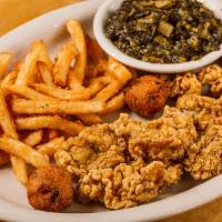 Gulf Oyster Platter · Freshly fried gulf oysters. Served with 2 hushpuppies, cocktail sauce, tartar sauce, and cho...