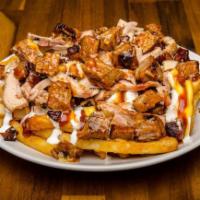 Loaded Fries - Hat Trick · All Loaded Fries start off with ¾ lb. of fries and at least ¼ lb. of Meat, this one has THRE...