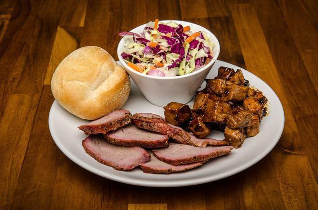 Combo - 2 Item · Pick 2 Meats (portions are 1/4 lb., 1/4 Bird or 1/4 Rack depending on your meat) Pick 1 Side (that is 1/2 Pint) and it comes with a dinner roll.