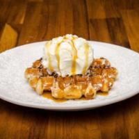 Dessert - Waffle & Ice Cream · ONE Pearl Sugar Belgian Waffle cooked to perfection - topped off with creamy real Vanilla Be...