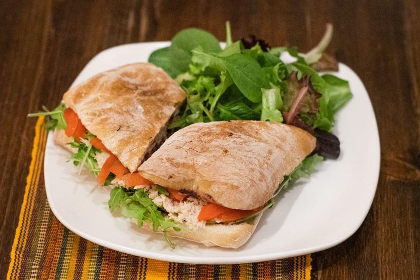 5. Great Tuna Caper Sandwich · Kalamata tapenade, tuna, capers, lime, arugula, Dijon and pickled fennel on ciabatta. Served with salad.
