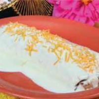 Burrito Blanco · Flour tortilla stuffed with jalapeno cream heese (not spicy-just delicious) rancho beans, wh...