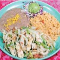 Chicken Carnitas · Sauteed strips of chicken breast with green and red peppers, tomatoes and onions. Served wit...