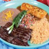 Carne Asada y Mas · 6 oz. of carne asada combined with your choice of in enchilada, taco or tamale (chicken or p...