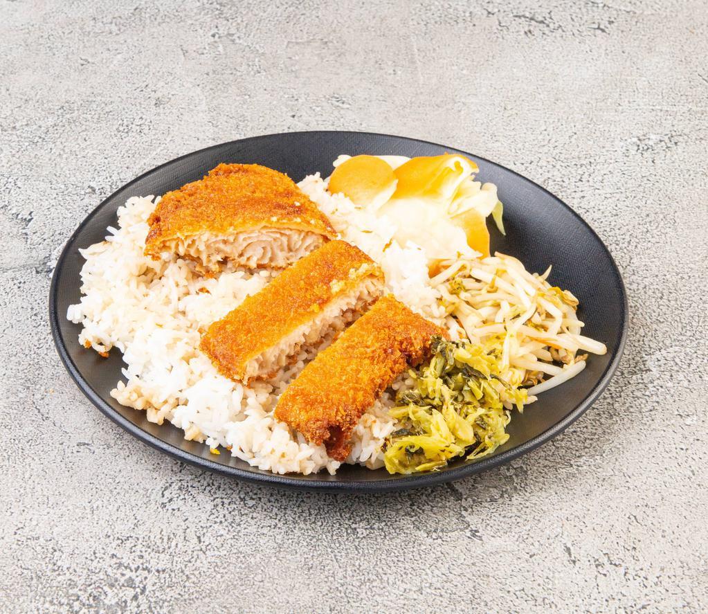 Fried Fish Filet · Filet lightly coated in our signature batter and a crumb coating, fried to crunchy. All entries come with the white rice and two vegetable sides.