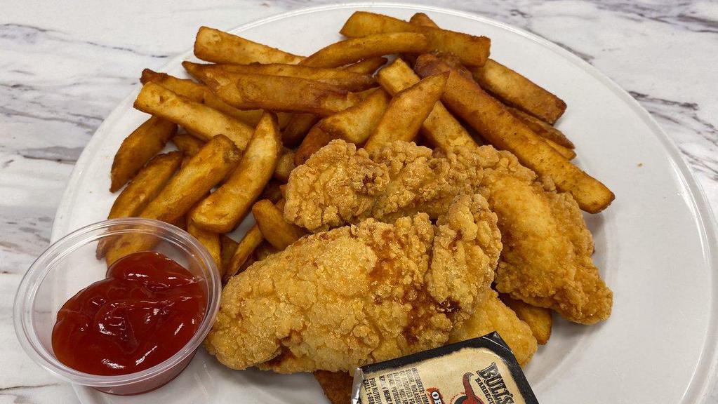KIDS CHICKEN STRIPS · Breaded chicken strips, French fries, BBQ sauce.