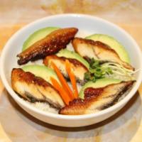 Unagi Rice Bowl · Served with miso soup.