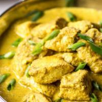 Chicken Korma Specialty (halal) · Boneless chicken cooked with cashews and raisins with a touch of cream.