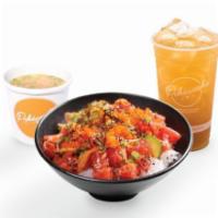 Spicy Ahi Combo (Drink + Miso Soup or Kettle Chips) · Ahi tuna, cucumber, sweet onion, edamame, Sriracha Aioli flavor, masago, green onion, sesame...