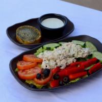 Almond Chicken Salad · Chicken salad (chicken breast, celery, fine-diced red onion, almond, mayo), romaine, tomato,...