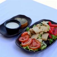 Grilled  Chicken Salad · Grilled chicken breast, romaine, tomato, cucumber, red bell pepper, black olive, garlic brea...