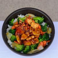 Chicken Teriyaki Bowl · Grilled chicken teriyaki, stir-fried: broccoli, carrot, onion; served over rice.