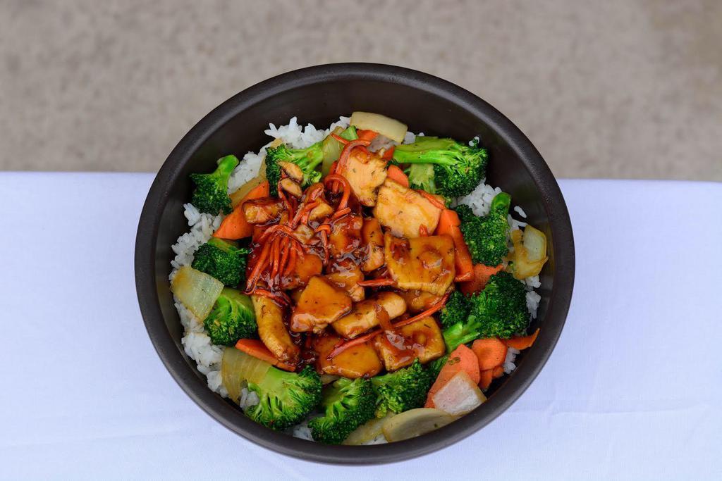 Chicken Teriyaki Bowl · Grilled chicken teriyaki, stir-fried: broccoli, carrot, onion; served over rice.